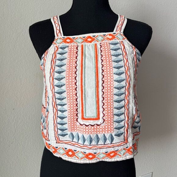 Anthropologie Bohemian Embroidered Linen Cotton Blend Crop Top Sz US 00 Aztec - Picture 1 of 8